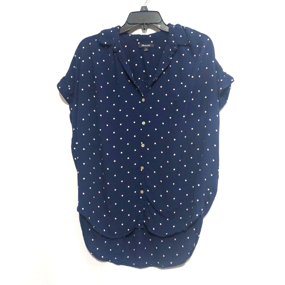 Madewell Womens Small Button Down Shirt High Low Navy Polka Dots Cap Sleeves - Picture 1 of 9